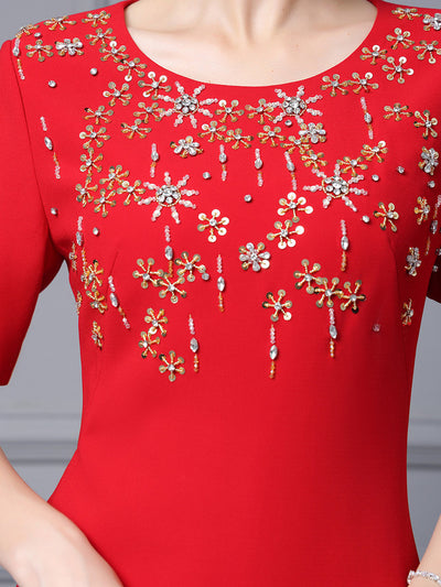 Red Short Sleeve Sequins Mother Of The Bride Dress