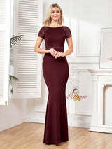 Burgundy Mermaid Short Sleeve Prom Dress