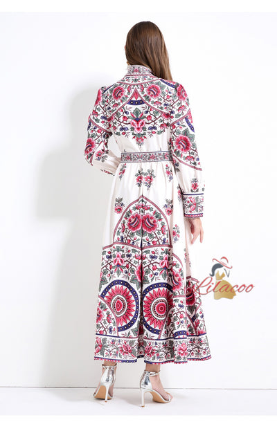 Retro Printed Long-sleeved Dress
