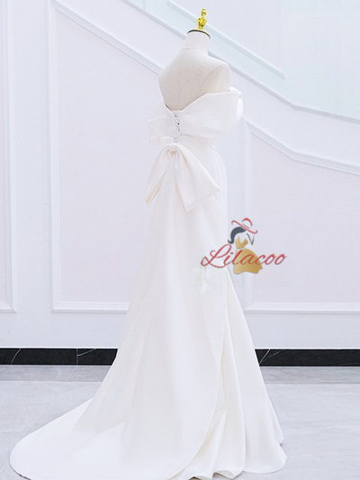 White Mermaid Pleats Bow Wedding Dress
