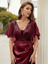 Burgundy Satin Sequins V-neck Prom Dress