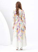 V-neck Lantern Sleeve Wavy Long Retro Print Dress