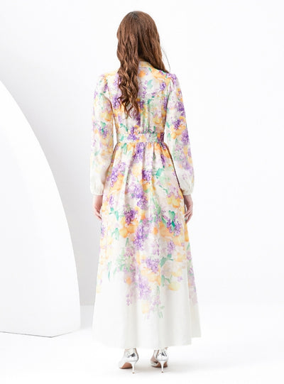 V-neck Lantern Sleeve Wavy Long Retro Print Dress