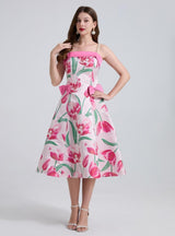 Jacquard Pearl Suspender Bow Stitching Dress