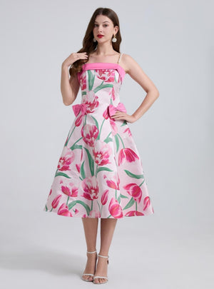 Jacquard Pearl Suspender Bow Stitching Dress