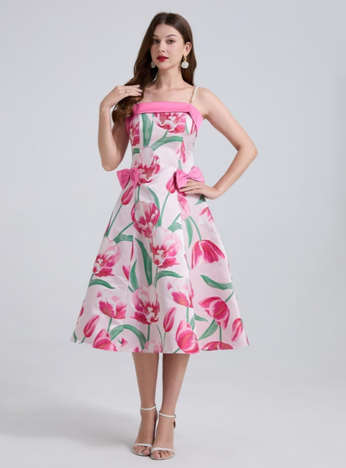 Jacquard Pearl Suspender Bow Stitching Dress