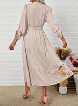 Leisure Collar Long Sleeve Solid Color Dress