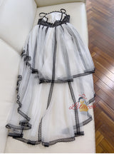 White Tulle Black Lace Straps Prom Dress
