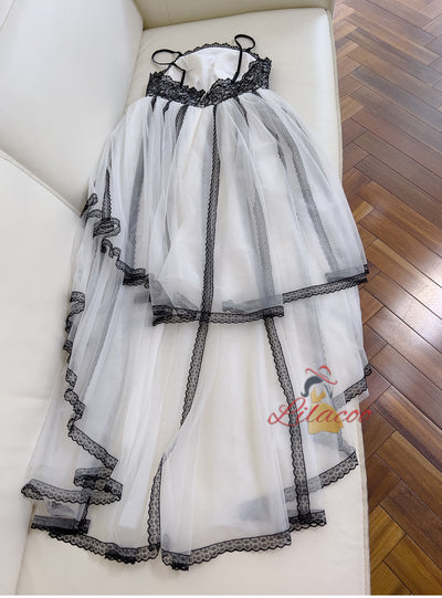 White Tulle Black Lace Straps Prom Dress