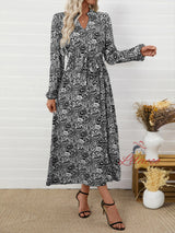 Ethnic Printed V-neck Long-sleeved Dress