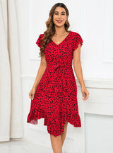 Slim-fit V-neck Short Sleeve Leopard Print Irregular Dress