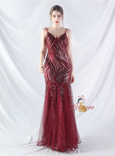 Mermaid Tulle Sequins Straps Prom Dress