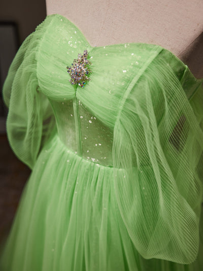 Green Tulle Sequins Pleats Prom Dress
