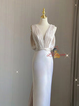 White V-neck Backless Pleats Wedding Dress