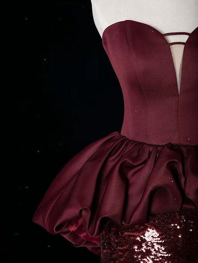 Burgundy Mermaid Sequins Strapless Prom Dress