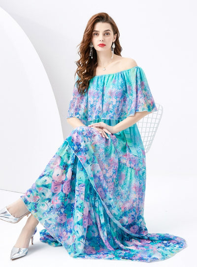 Lotus Leaf Printed Long Cake Dress