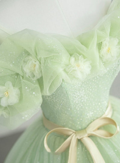 Green Tulle Sequins 3D Flower Prom Dress