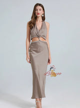 Satin V-neck Drill Chain Slim Dress