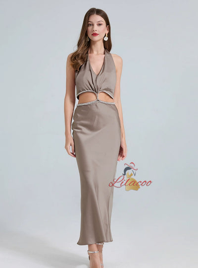 Satin V-neck Drill Chain Slim Dress