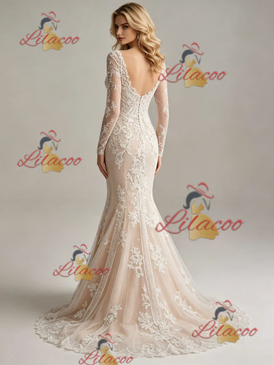 Mermaid Tulle Lace Long Sleeve Wedding Dess