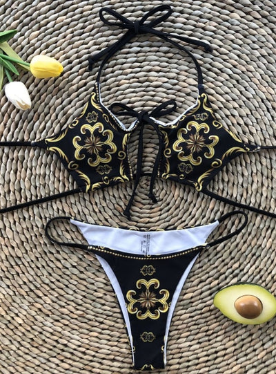 Strap Tether Hollow Print Two Piece Bikini