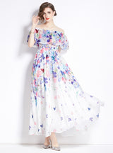 Chiffon Print Off the Shoulder Flounces Dress
