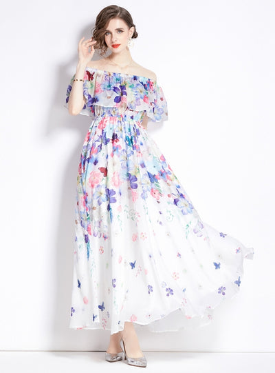 Chiffon Print Off the Shoulder Flounces Dress