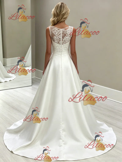 White Satin Lace Scoop Neck Wedding Dress