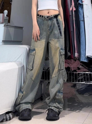 Retro Multi-pocket Jeans Wide-leg Pants