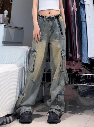 Retro Multi-pocket Jeans Wide-leg Pants