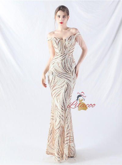 Mermaid Sequins Off the Shoulder Beading Prom Dress