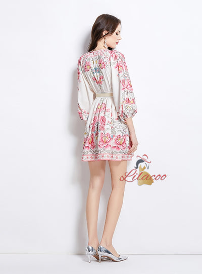 Fashion Printed Slim V-neck Lantern Sleeve Dress