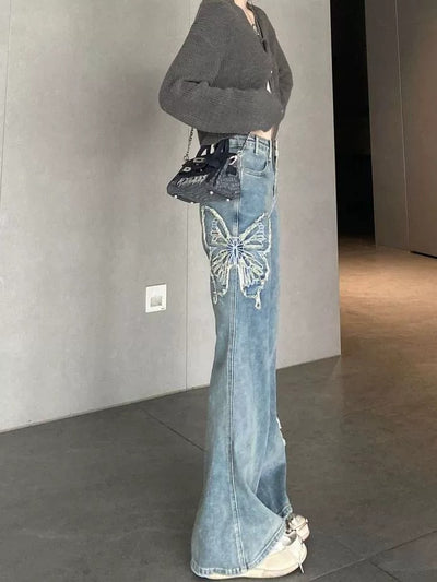 Retro Butterfly Embroidered Micro Horn Jeans