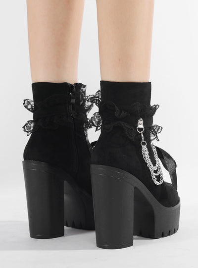 Retro Lace Thick Heel High Heel Booties
