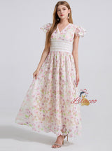 Deep V-neck Embroidered Solid Color Dress