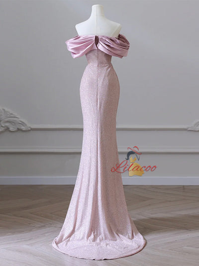 Pink Mermaid Off the Shoulder Pleats Prom Dress
