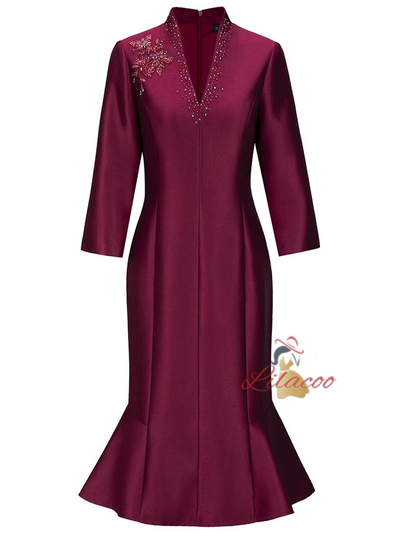 Burgundy Satin Short Sleeve Mother Of The Bride Dress