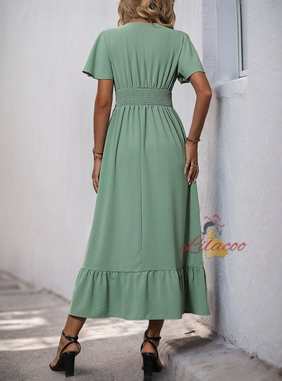 Green V-neck Short Sleeve Button Dress