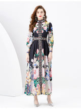 Retro Printed Slim Long Sleeve Dress