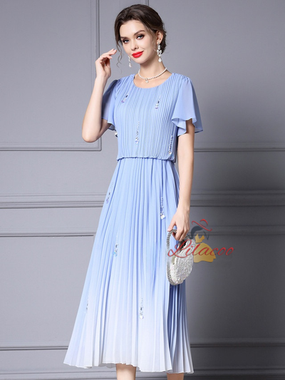 Gradient Blue Pleats Mother of the Bride Dress