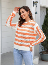 Hollow Striped Round Neck Long Sleeve Sweater
