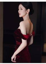 Burgundy Mermaid Velvet Sequins Pleats Prom Dress