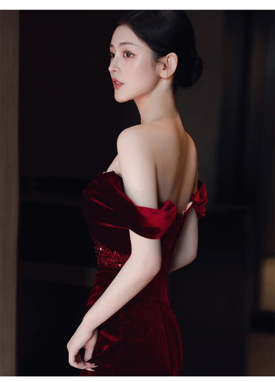 Burgundy Mermaid Velvet Sequins Pleats Prom Dress