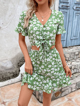 Printed Strap Short Sleeve Beach Resort Dress