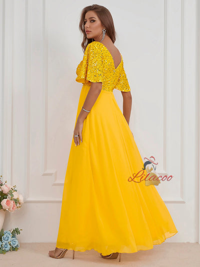 V-neck Sequined Chiffon Dress