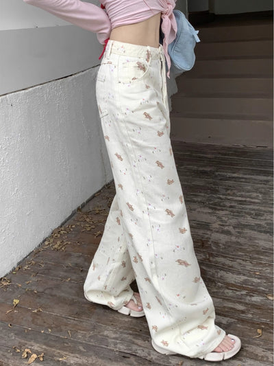 Pink Bear Print Straight Wide-leg Jeans