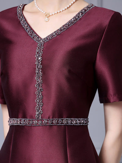 Burgundy Satin V-neck Mother Of The Bride Dress
