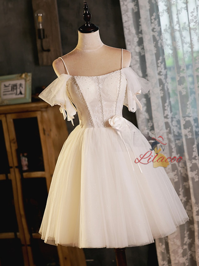 White Beading Tulle Lace Homecoming Dress