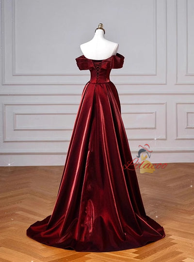 Burgundy Off the Shoulder Pleats Prom Dress