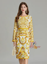 Retro Round Neck Printed Long-sleeved Slim Dress